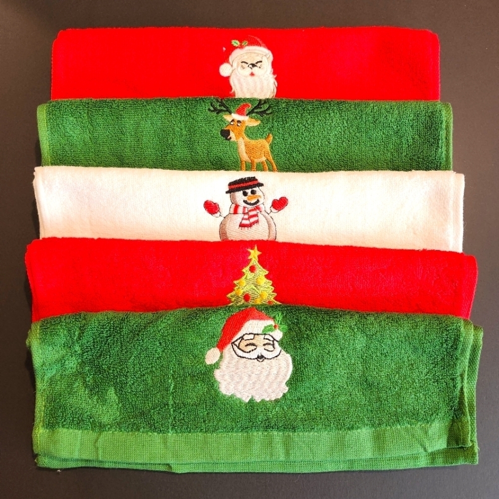 *2 For $25* Christmas Hand Towels - Set of 5 - Decor Santa Snowman Reindeer Tree